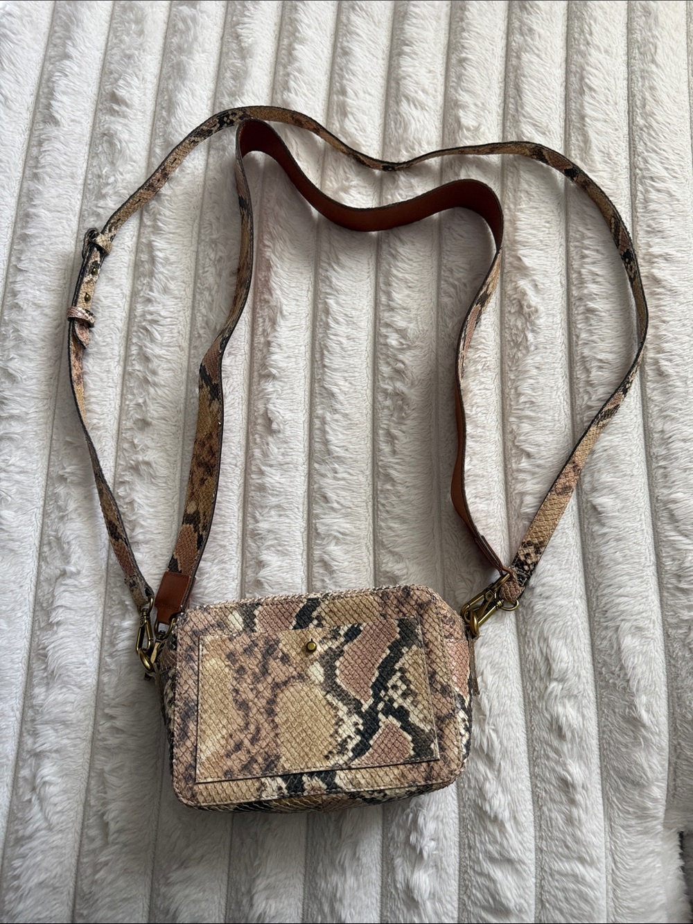 Snake-Print Crossbody Bag in Beige Brown
